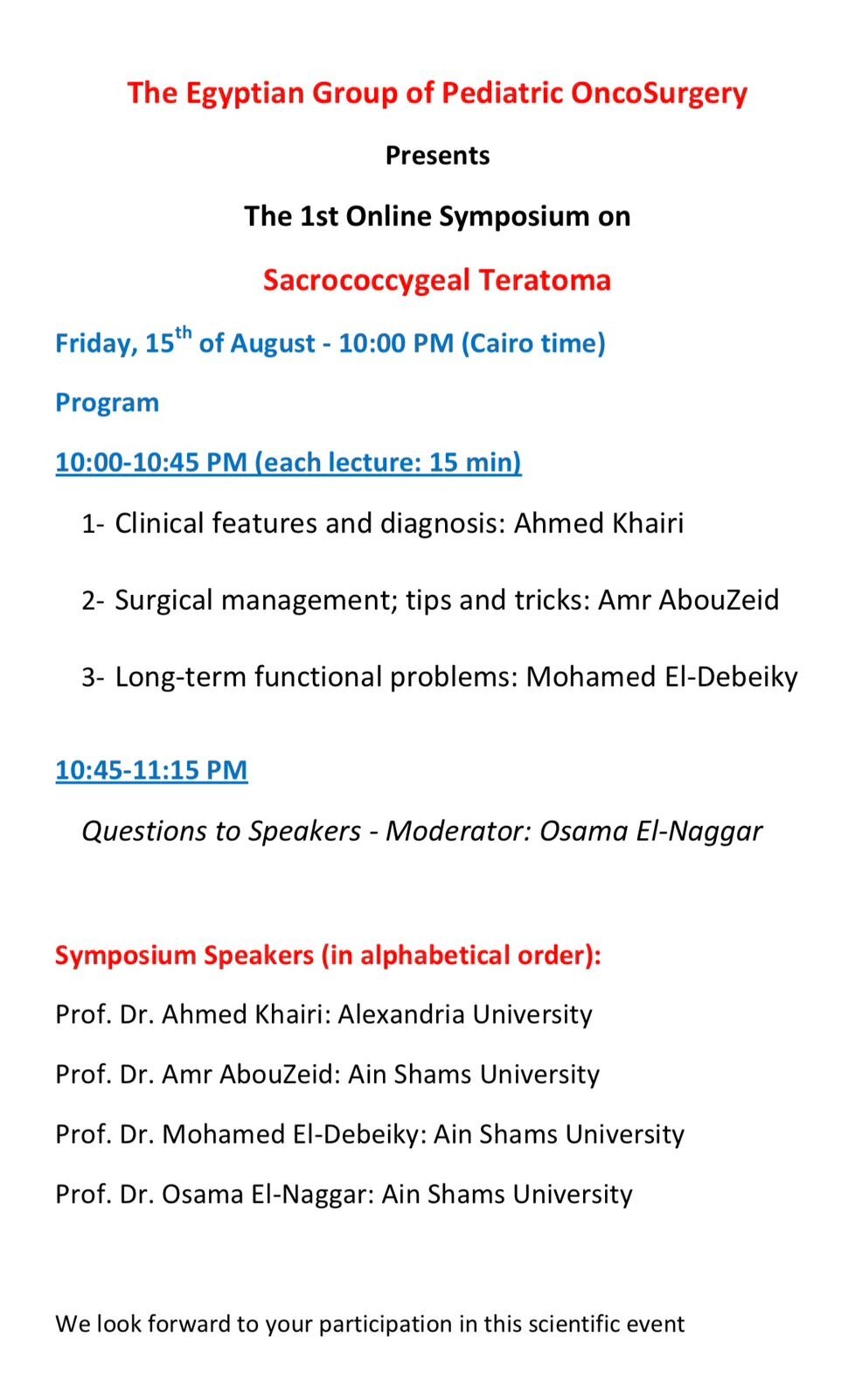 The 1st Online Symposium on Sacrococcygeal Teratoma